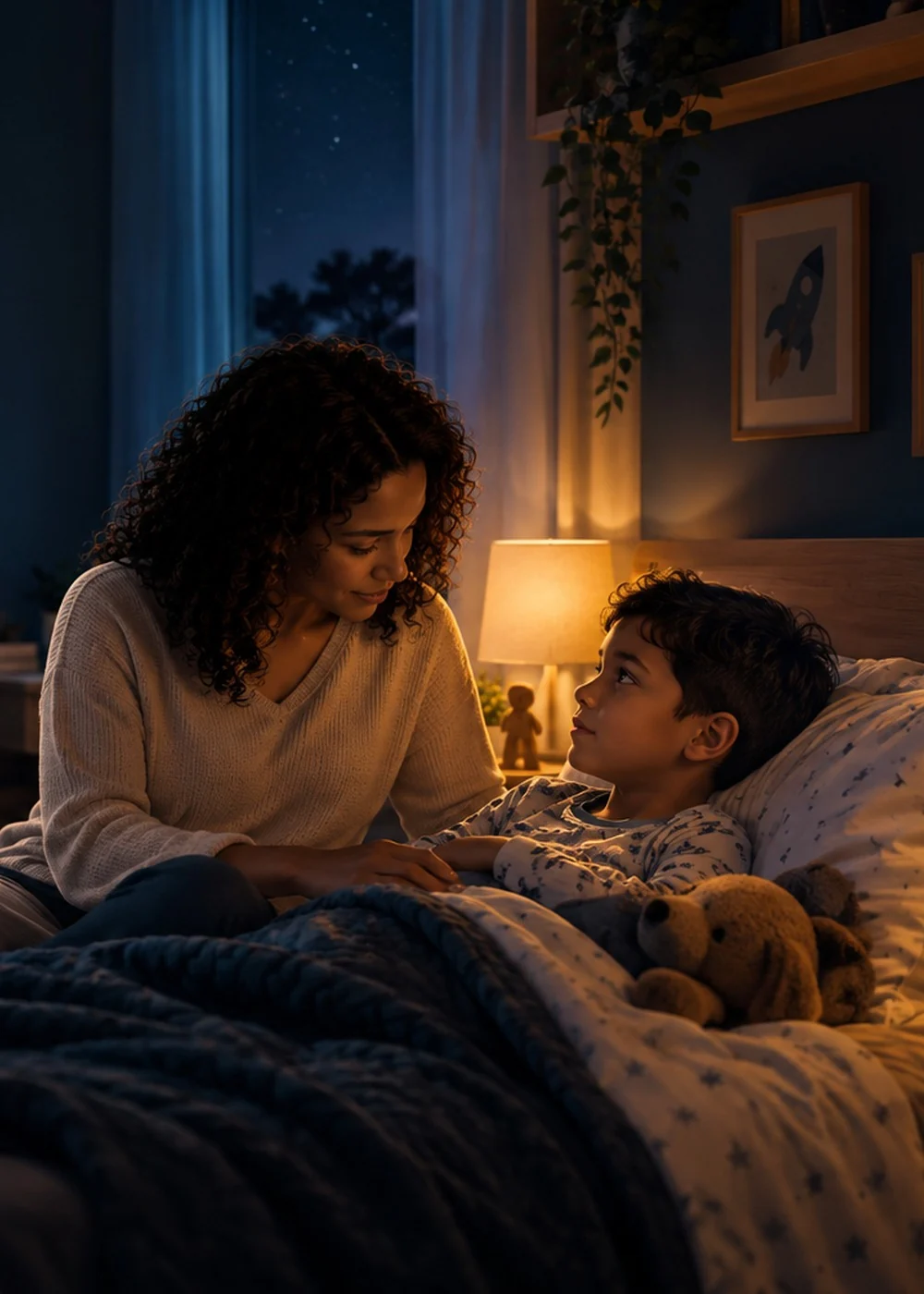 Mãe e filho conversando no fim do dia